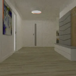 Wizualizacja korytarza z szarą tapicerowaną ścianą, drewnianym panelem z wieszakami, lustrem i minimalistycznym oświetleniem sufitowym. Na ścianie obraz z abstrakcyjnymi plamami kolorów.