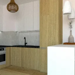 Wizualizacja kuchni z drewnianymi szafkami, czarnym blatem i wbudowanym piekarnikiem, oświetlona wiszącą lampą z wikliny i dwoma białymi lampami nad blatem-barem z hokerami.