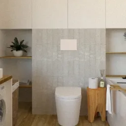 Wizualizacja łazienki w stonowanych barwach z drewnianymi akcentami, obejmująca wannę z drewnianą nakładką, umywalkę nablatową, toaletę oraz pralkę zabudowaną pod blatem.