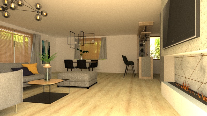 Wnętrze salonu z otwartą kuchnią, szara sofa z żółtą poduszką, stolik kawowy z rośliną, kominek z płomieniami, telewizor na ścianie i stół z czarnymi krzesłami w tle.