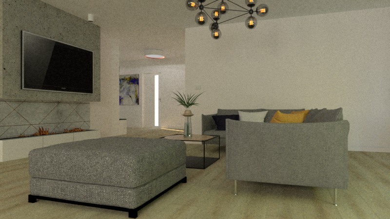 Wizualizacja salonu z szarą sofą, pufą, telewizorem na ścianie z imitacją kominka i nowoczesną lampą sufitową.