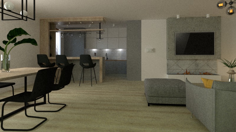 Wnętrze mieszkania w neutralnych barwach: drewniany stół z czarnymi krzesłami, wyspa kuchenna z hokerami, szara sofa i ściana telewizyjna z kominkiem elektrycznym.