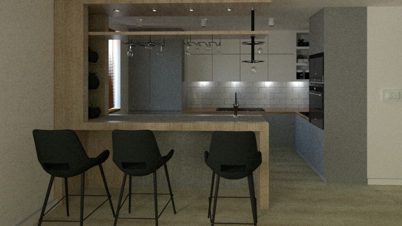 Wizualizacja nowoczesnej kuchni z wyspą i trzema czarnymi hokerami, oświetleniem podszafkowym i półkami na wino