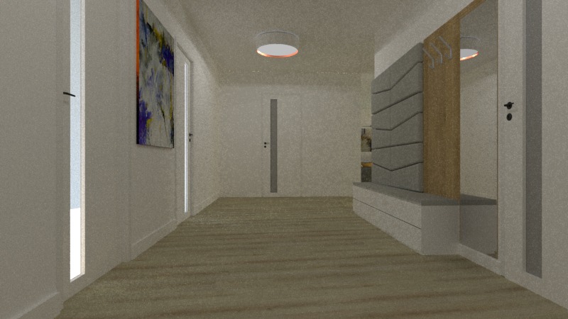 Wizualizacja korytarza z szarą tapicerowaną ścianą, drewnianym panelem z wieszakami, lustrem i minimalistycznym oświetleniem sufitowym. Na ścianie obraz z abstrakcyjnymi plamami kolorów.