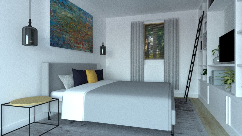 Wizualizacja sypialni z szarą pościelą, abstrakcyjnym obrazem na ścianie, wiszącymi lampami i regałem z drabiną.