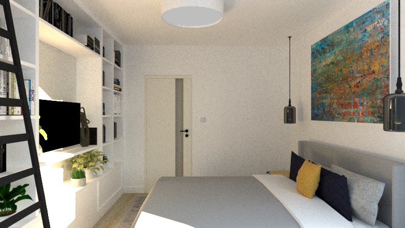 Jasna sypialnia z łóżkiem, regałem z książkami z drabinką, abstrakcyjnym obrazem i lampami wiszącymi.