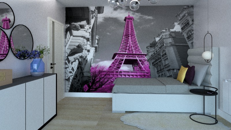 Wizualizacja sypialni z fototapetą przedstawiającą Wieżę Eiffla w odcieniach szarości i fioletu, owalne lustra na ścianie, biała komoda z niebieskim wazonem i kwiatami, oraz łóżko z szarą pościelą...