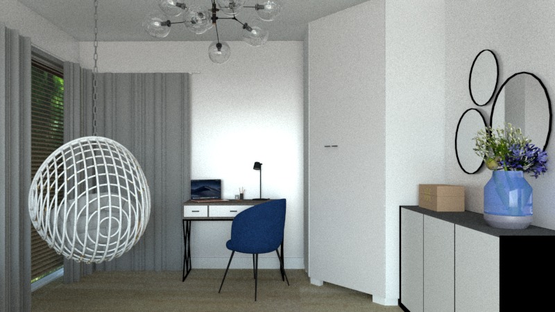 Wnętrze pokoju z wiszącym fotelem, biurkiem z laptopem, niebieskim krzesłem i komodą z dekoracjami oraz trzema okrągłymi lustrami na ścianie, oświetlone lampą sufitową z żarówkami.