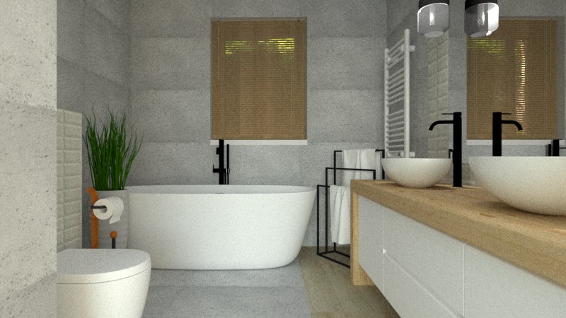 Wizualizacja nowoczesnej łazienki z wolnostojącą wanną, dwoma umywalkami nablatowymi na drewnianym blacie, szarą ceramiką ścienną oraz roletą bambusową w oknie.