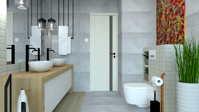 Nowoczesna łazienka z dwoma umywalkami nablatowymi, drewnianym blatem, czarną armaturą i wiszącymi lampami. Na ścianie abstrakcyjny obraz, obok toalety roślina w białej donicy.