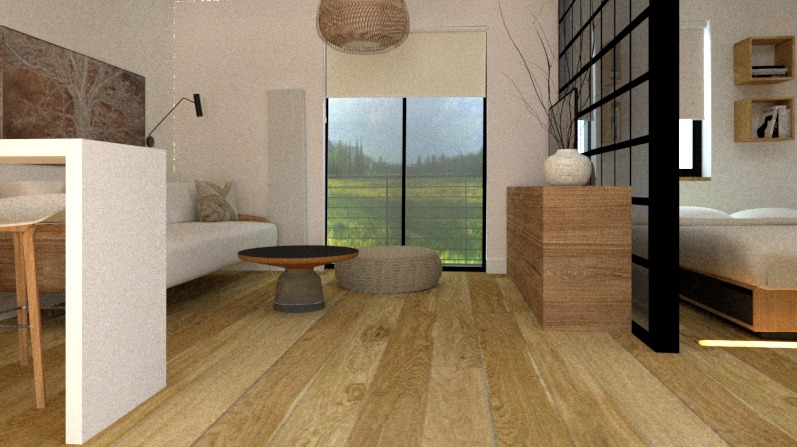 Wizualizacja wnętrza mieszkania z drewnianą podłogą, sofą, stolikiem kawowym, pufą, szafką z dekoracją, regałem z czarnymi ramami i widokiem na zieleń za oknem.