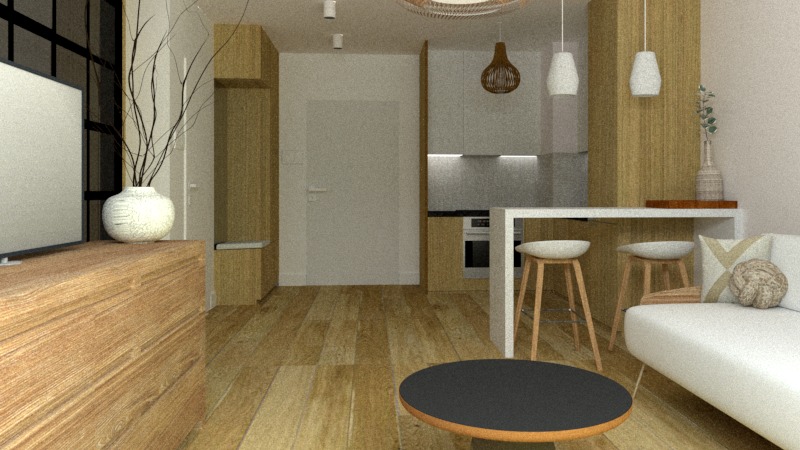 Wizualizacja wnętrza mieszkania z drewnianą podłogą, meblami w odcieniach drewna, białymi ścianami i elementami dekoracyjnymi, takimi jak wazon z suchymi gałęziami oraz lampy wiszące.