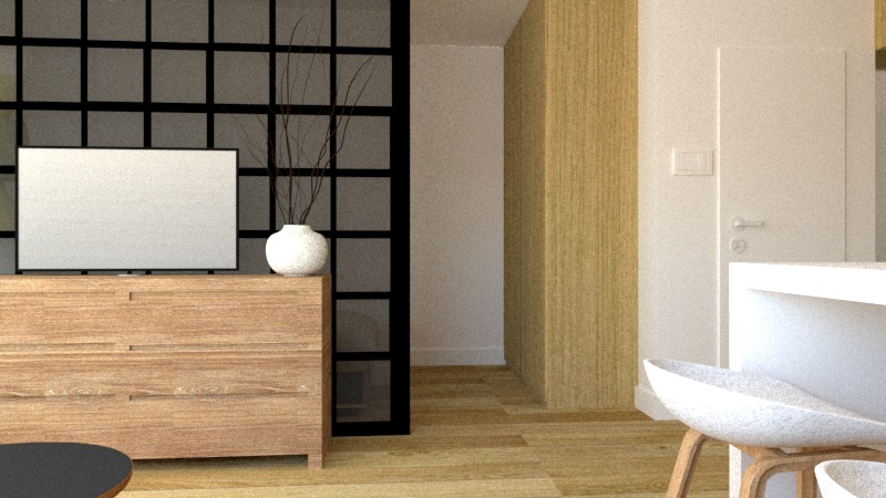 Wizualizacja salonu: drewniana komoda pod telewizorem, wazon z suchymi gałązkami, czarna ścianka działowa z kwadratowymi okienkami, drewniana podłoga, fragment stołu i krzesła.