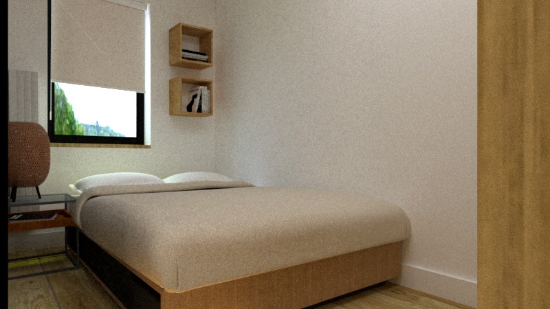 Wizualizacja sypialni z beżowym łóżkiem, drewnianymi półkami ściennymi z książkami, roletą w oknie i okrągłym fotelem z plecionki.