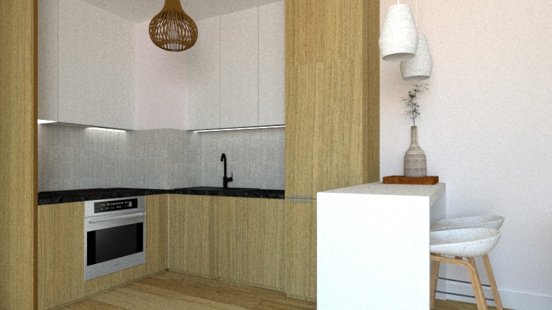 Wizualizacja kuchni z drewnianymi szafkami, czarnym blatem i wbudowanym piekarnikiem, oświetlona wiszącą lampą z wikliny i dwoma białymi lampami nad blatem-barem z hokerami.