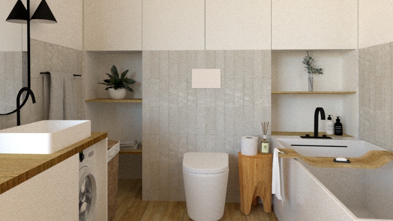Wizualizacja łazienki w stonowanych barwach z drewnianymi akcentami, obejmująca wannę z drewnianą nakładką, umywalkę nablatową, toaletę oraz pralkę zabudowaną pod blatem.