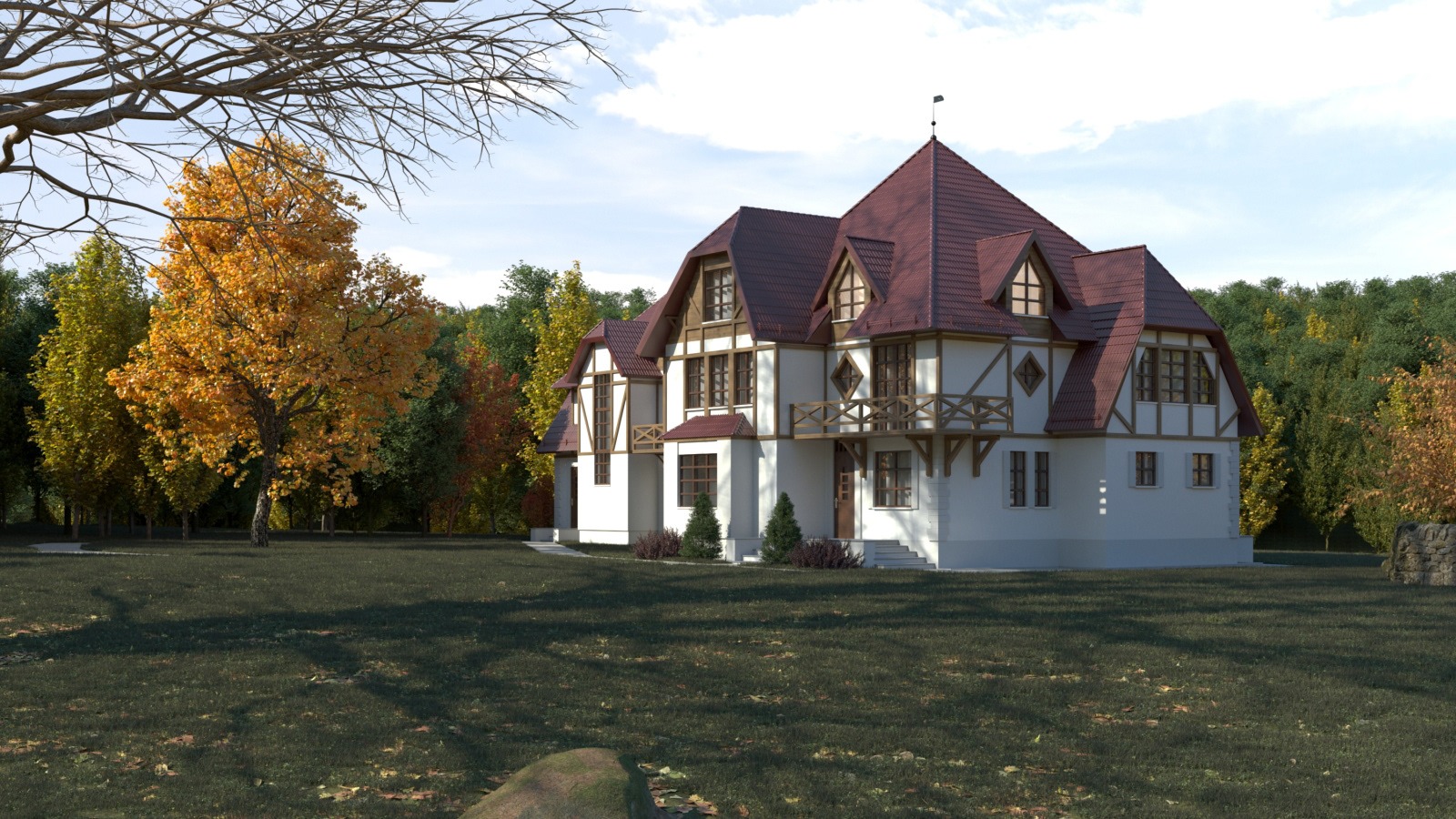 Wizualizacja 3D: Dom w stylu rustykalnym z czerwonym dachem, otoczony jesiennym ogrodem i drzewami.