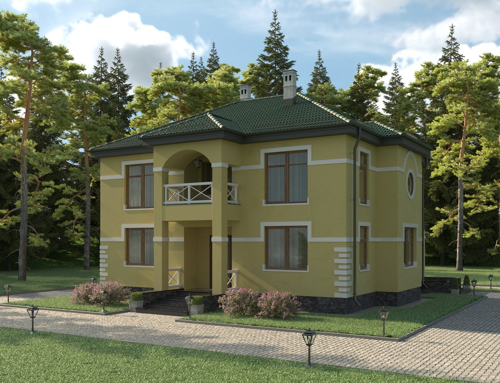 Wizualizacja dwupiętrowego domu w odcieniach żółci z zielonym dachem, otoczonego drzewami i krzewami, prezentująca projekt architektoniczny z elementami klasycznymi.