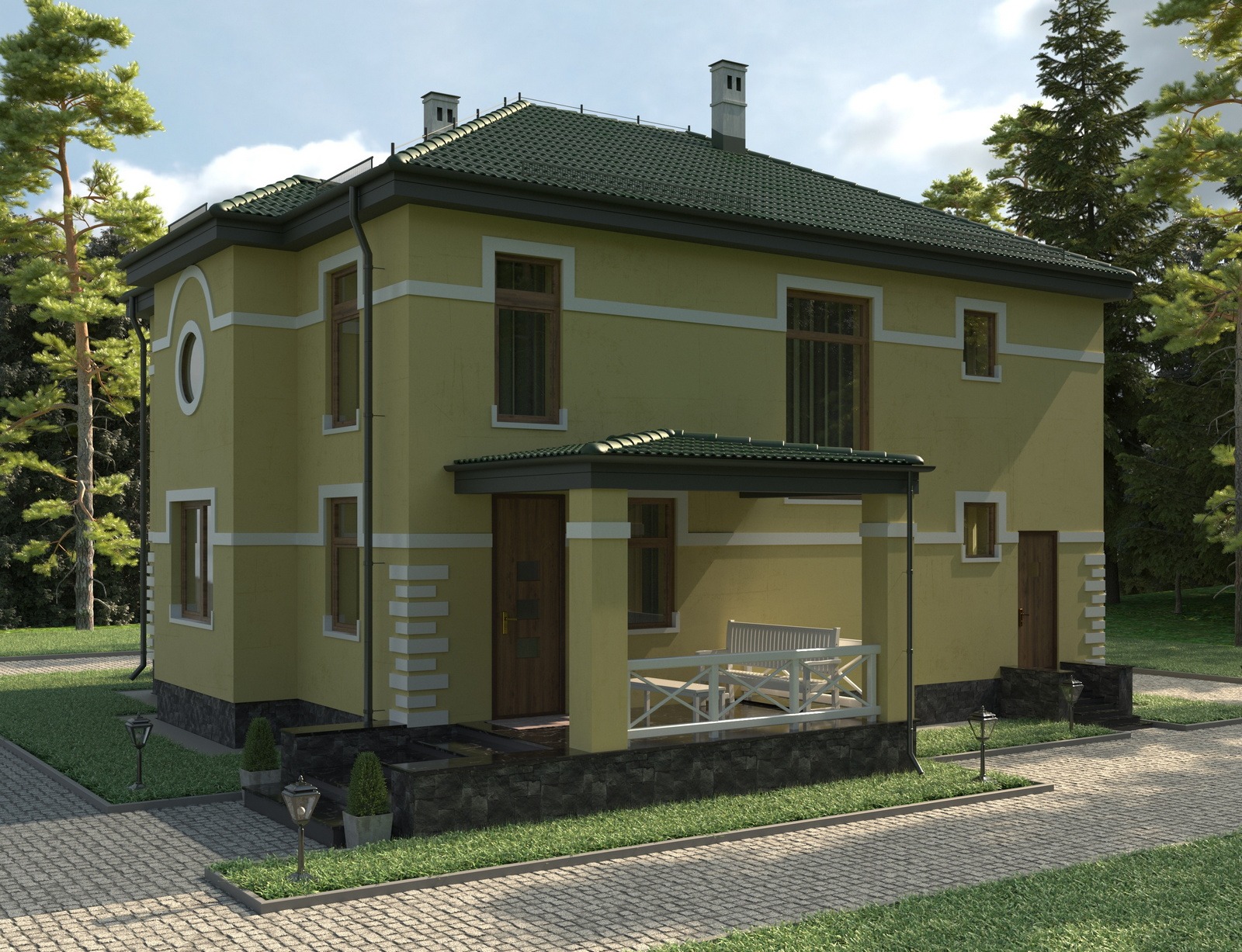 Wizualizacja dwukondygnacyjnego domu w odcieniach oliwki z ciemnozielonym dachem, białymi akcentami architektonicznymi, widok z poziomu chodnika z kostki brukowej, otoczonego zielenią.