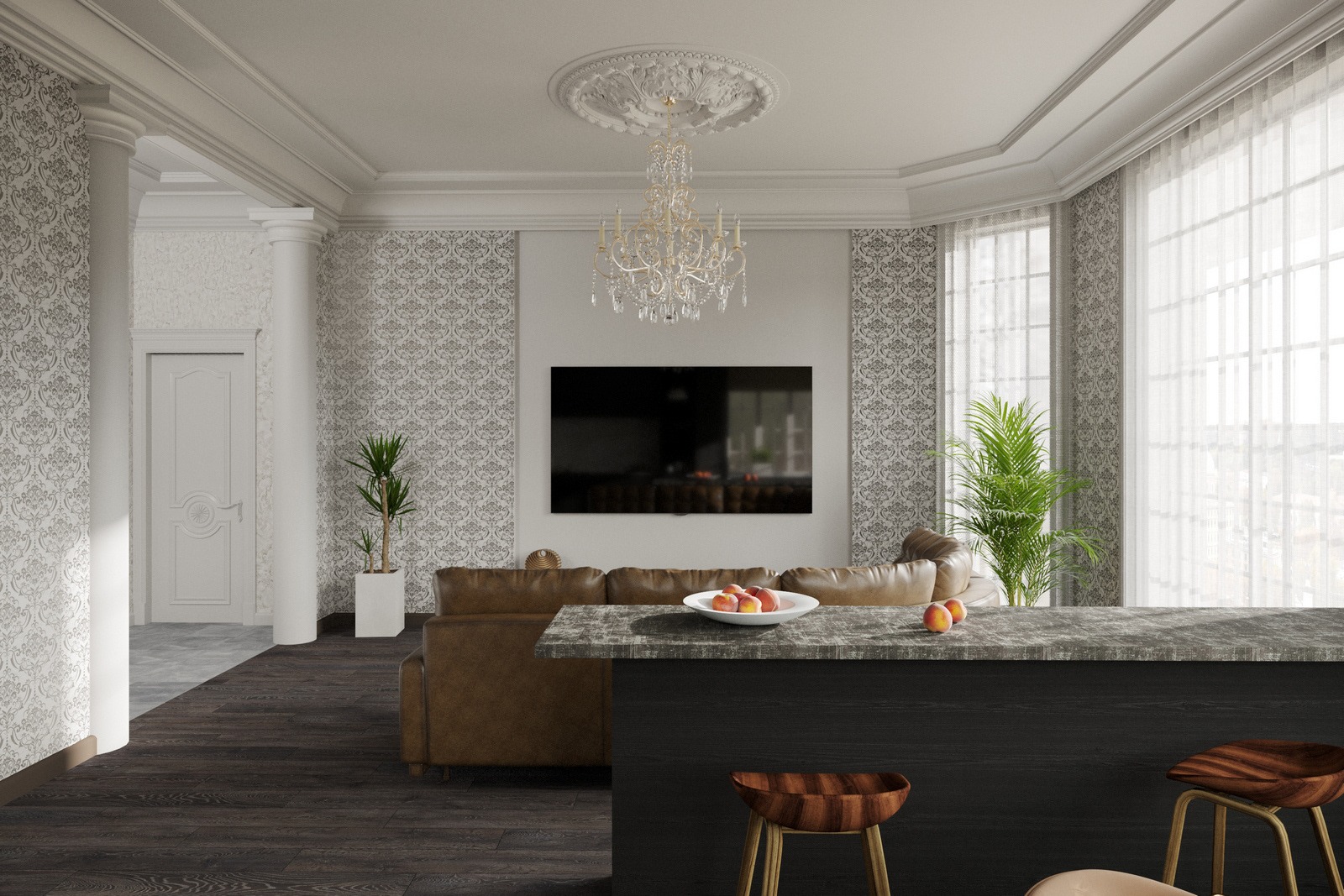 Wizualizacja wnętrza salonu w stylu glamour z brązową skórzaną sofą, ciemną podłogą, ścianami w ornamenty, kryształowym żyrandolem i barem z owocami. Dwa drewniane stołki barowe z przodu. Telewizor...