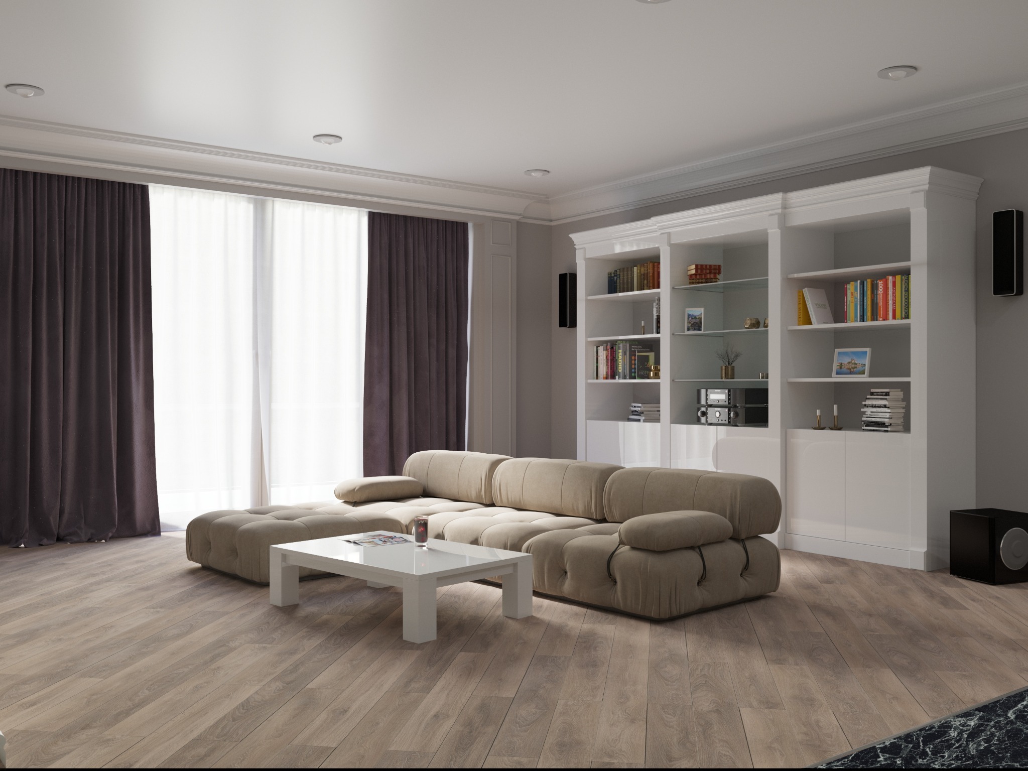 Wizualizacja 3D przestronnego salonu w neutralnych barwach z dużym, modułowym narożnikiem, białym stolikiem kawowym, regałem na książki i zasłonami w odcieniach brązu.