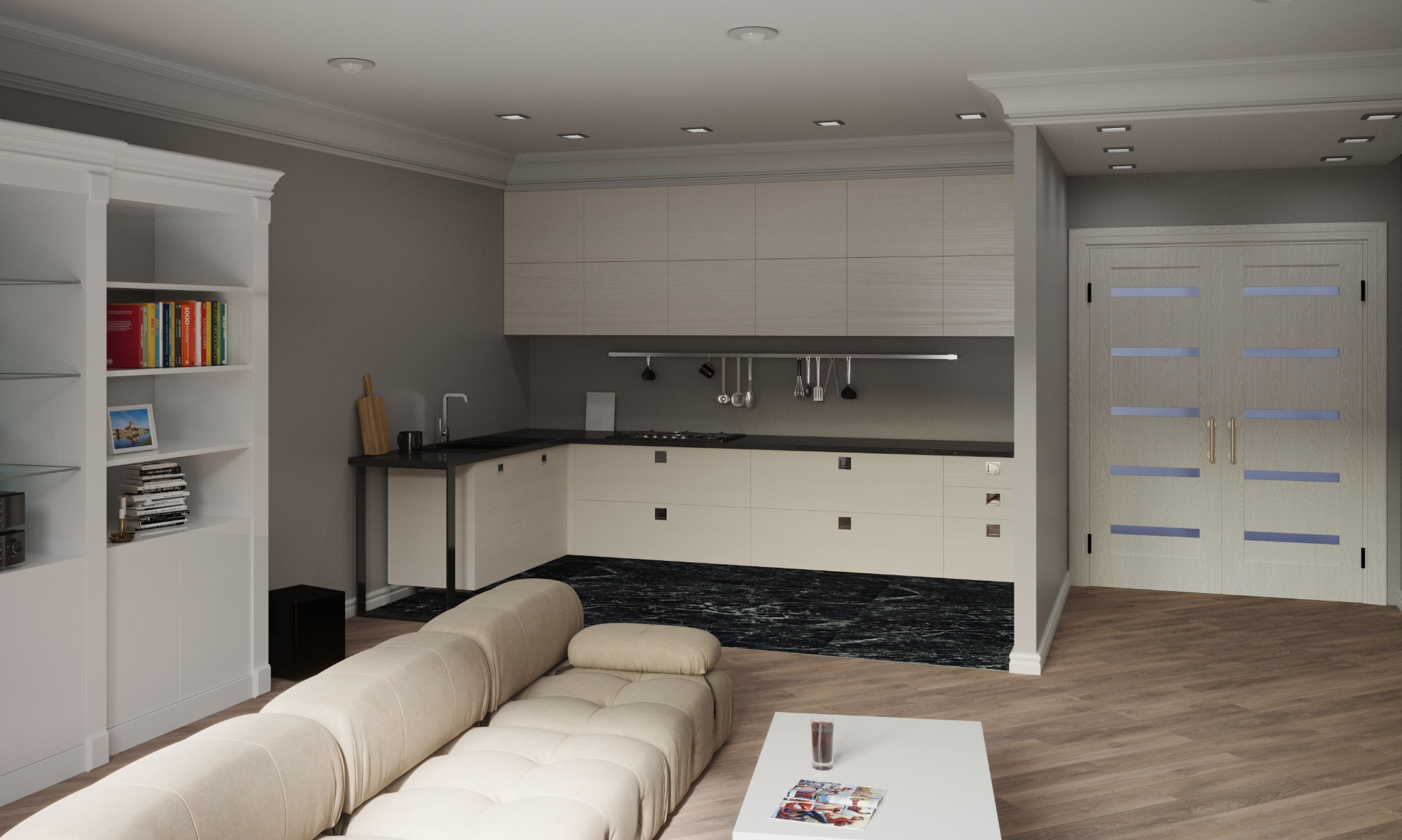 Wizualizacja 3D wnętrza mieszkania: kremowa sofa modułowa, białe meble kuchenne z czarnym blatem i marmurową podłogą, regał z książkami i szklanymi półkami, oraz drewniana podłoga.