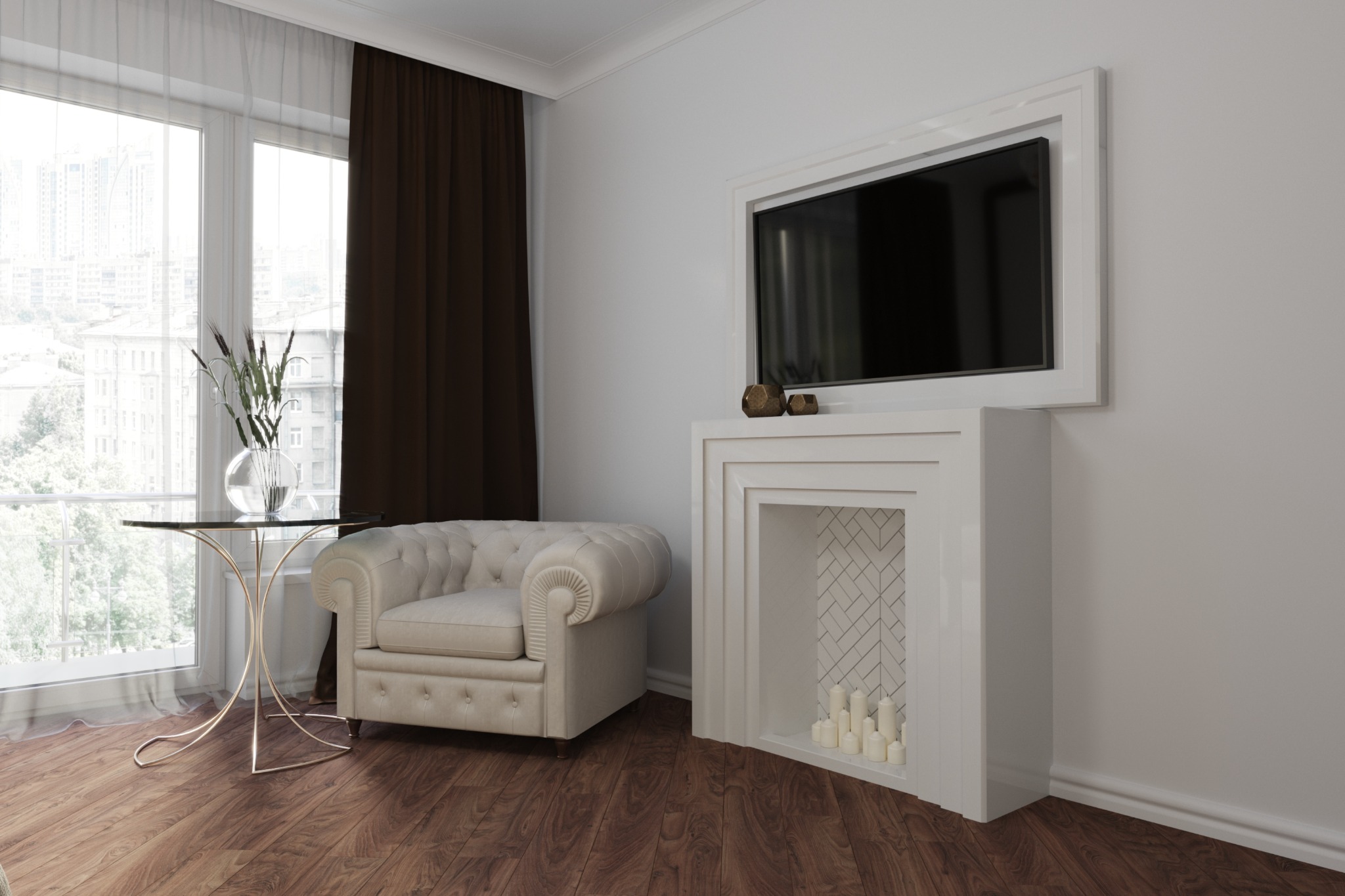 Wizualizacja 3D salonu z beżowym fotelem Chesterfield, stolikiem z czarnym blatem i złotą podstawą, dekoracyjnym kominkiem z telewizorem oraz widokiem na miasto przez okno.