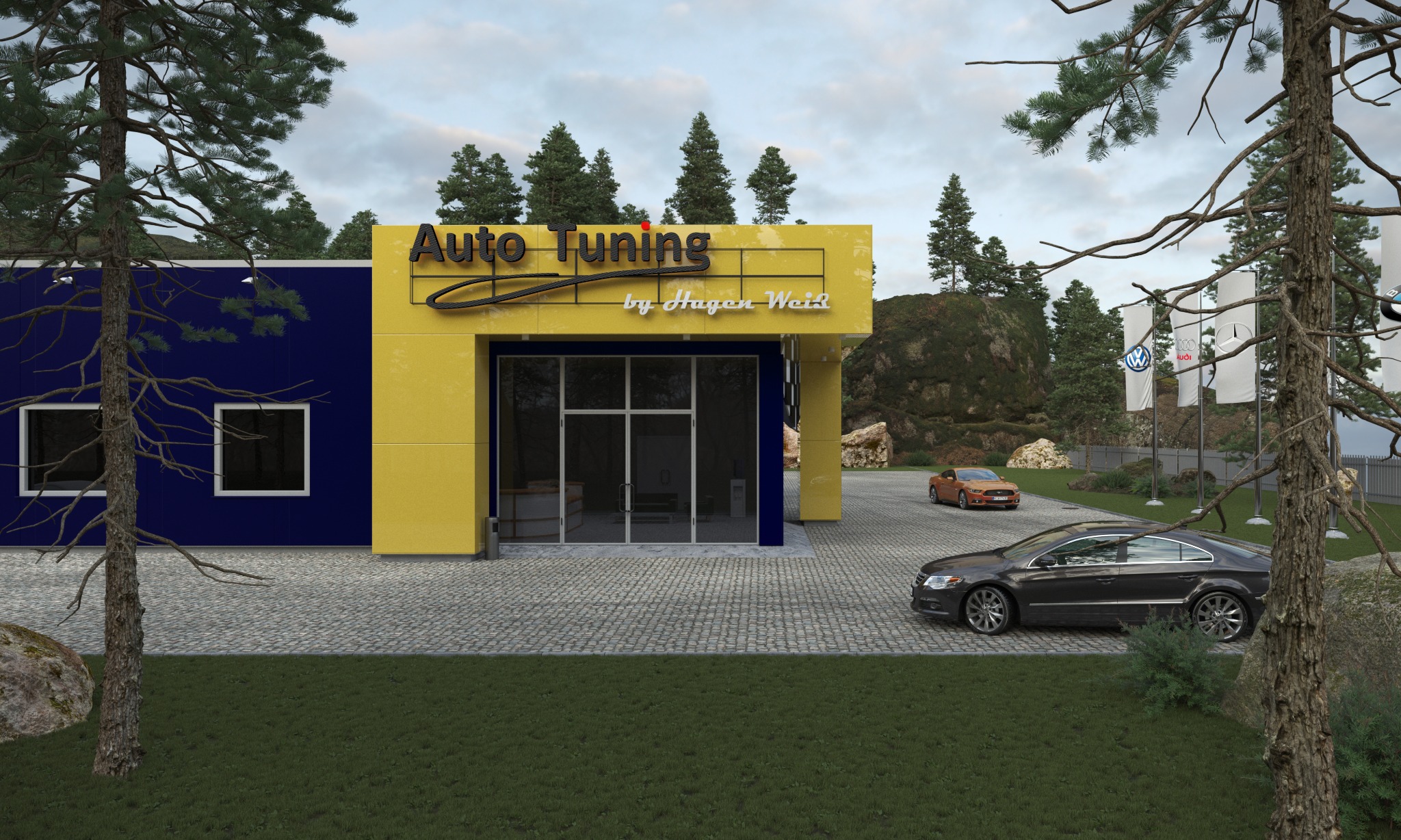 Wizualizacja budynku Auto Tuning z dwoma samochodami na zewnątrz, flagi z logo marek samochodowych w tle, niebiesko-żółta elewacja budynku.