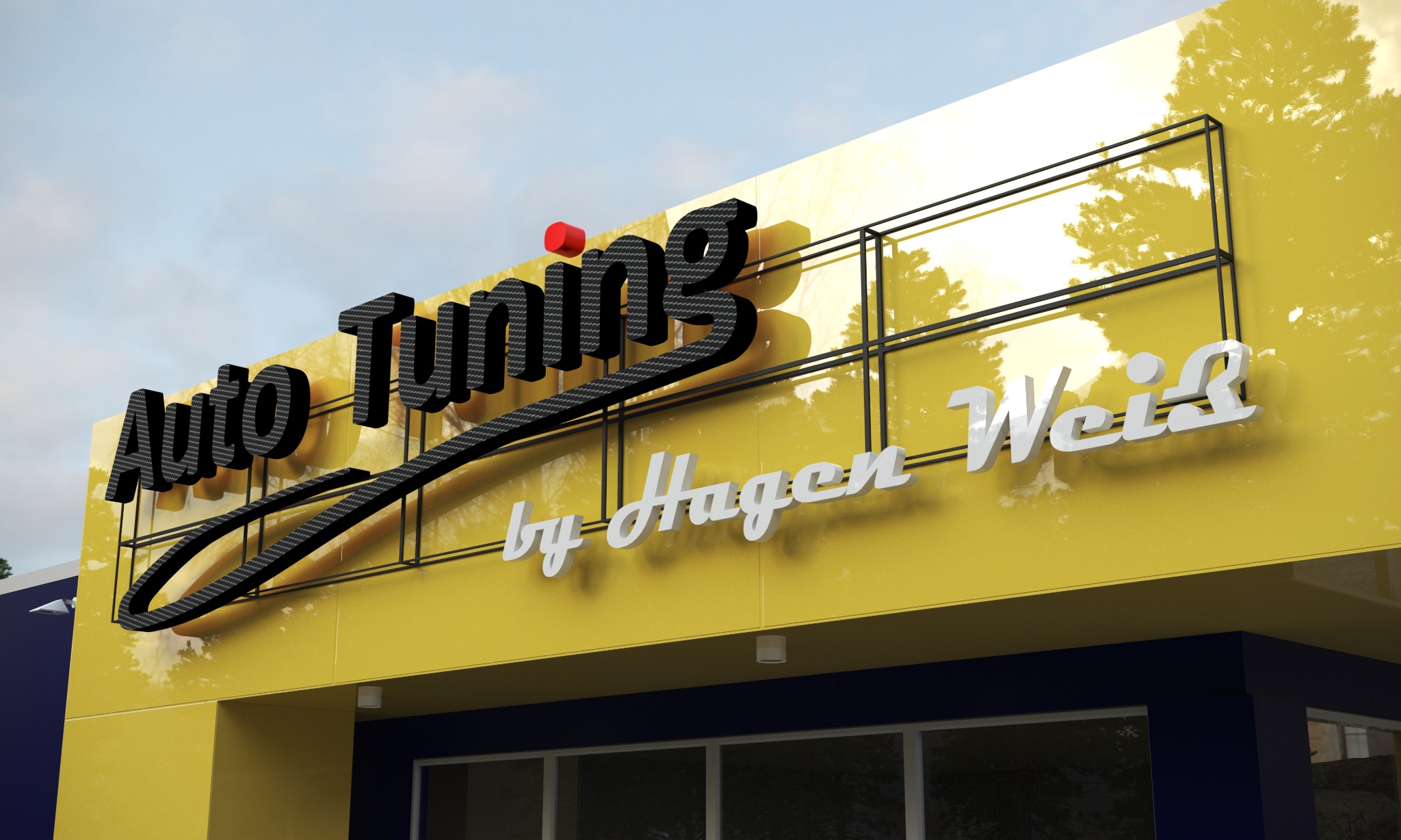 Elewacja budynku z żółtą ścianą, na której umieszczono trójwymiarowy, czarno-biały szyld reklamowy 'Auto Tuning by Hagen Weiß'. Projekt zrealizowany w Jeleniej Górze.