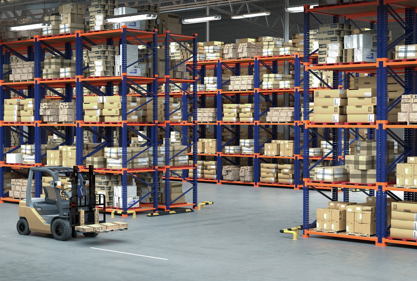 Wizualizacja 3D magazynu wysokiego składowania z regałami wypełnionymi kartonami, widoczny wózek widłowy z paletą.