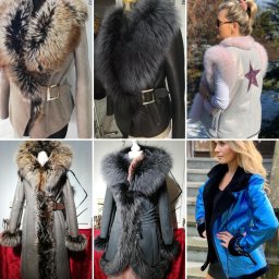 MarieEve Atelier Mody - Kolaż sześciu zdjęć przedstawiających różne kożuchy i kamizelki z futrzanymi wykończeniami, prezentowane na manekinach lub osobach, w różnych kolorach i stylach, z widocznymi detalami jak klamry...