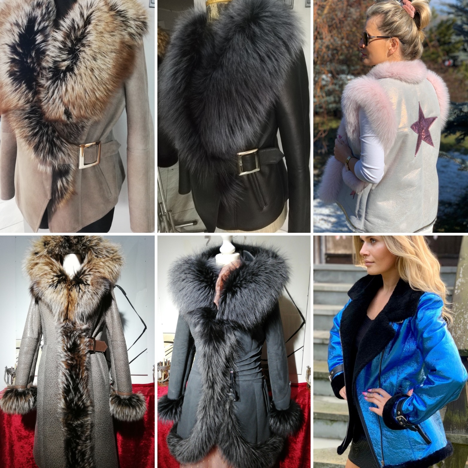 Kolaż sześciu zdjęć przedstawiających różne kożuchy i kamizelki z futrzanymi wykończeniami, prezentowane na manekinach lub osobach, w różnych kolorach i stylach, z widocznymi detalami jak klamry...