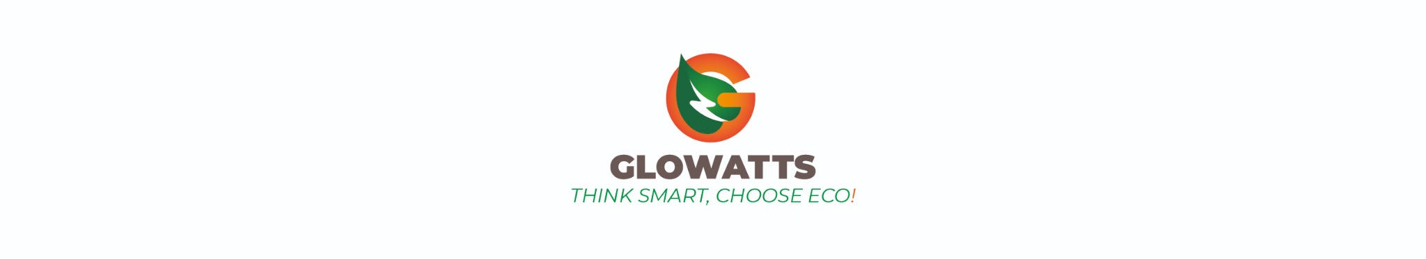 Logo firmy Glowatts z zielonym liściem w pomarańczowym okręgu i hasłem 'Think Smart, Choose Eco!'