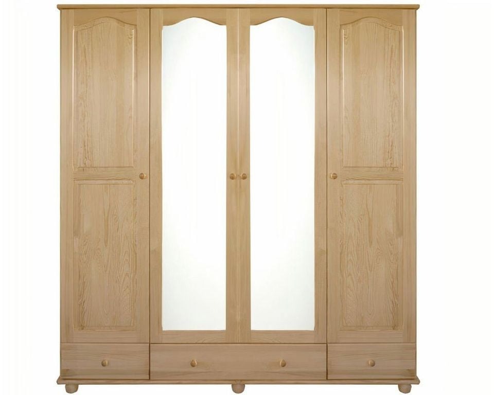 Czterodrzwiowa, jasna, drewniana szafa z dwiema lustrzanymi środkowymi drzwiami i trzema szufladami u dołu, na okrągłych nóżkach.