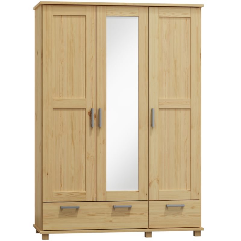 Trzydrzwiowa szafa z lustrem pośrodku, wykonana z jasnego drewna sosnowego, z trzema szufladami na dole i metalowymi uchwytami.