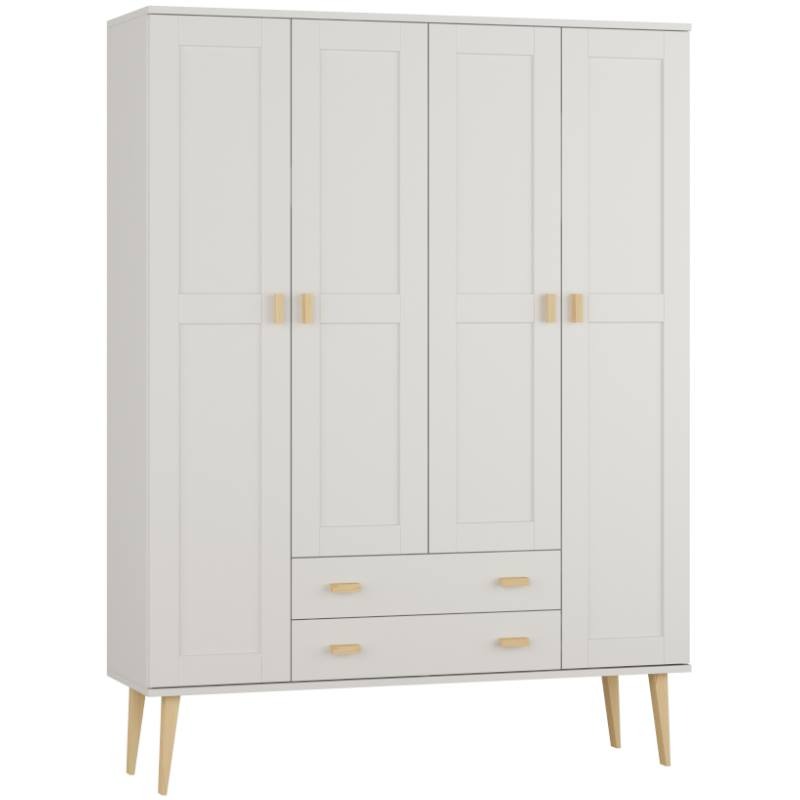 Biała, czterodrzwiowa szafa z dwiema szufladami i jasnymi, drewnianymi uchwytami oraz nóżkami, na białym tle.