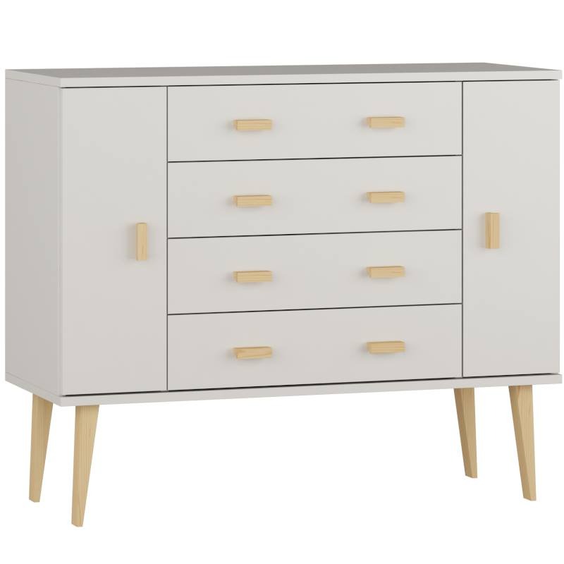 Biała komoda z czterema szufladami i dwojgiem drzwi, drewniane nóżki i uchwyty, styl skandynawski.