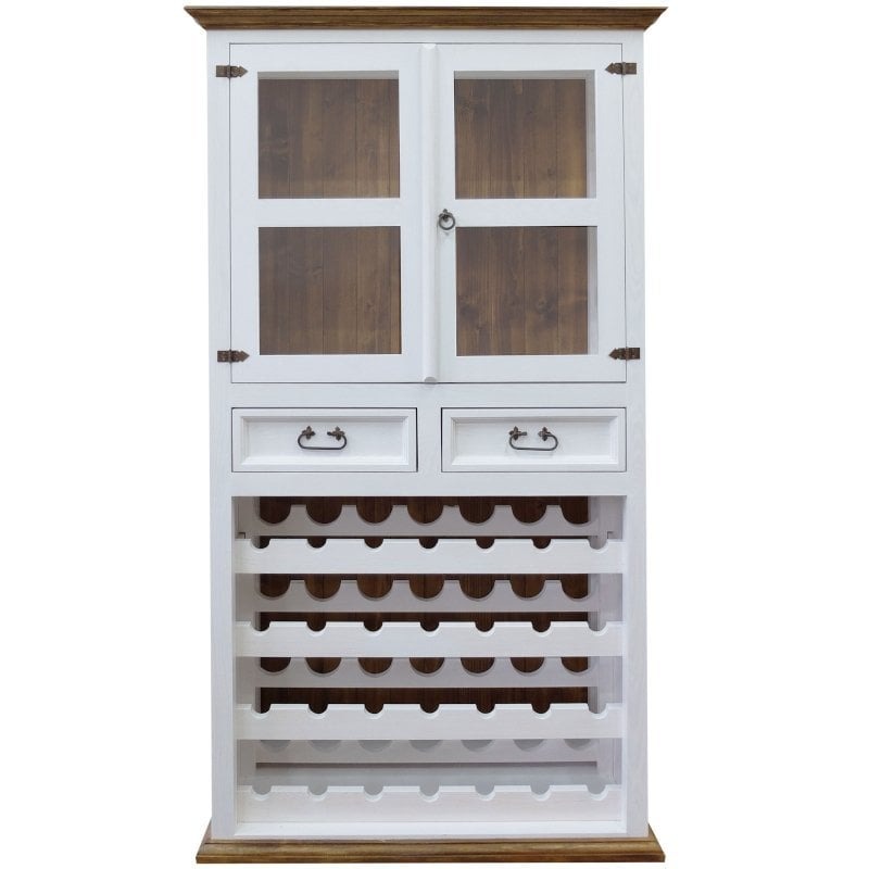 Biały regał na wino z przeszkloną szafką górną, drewnianymi detalami w kolorze orzecha i metalowymi uchwytami szuflad w stylu retro.