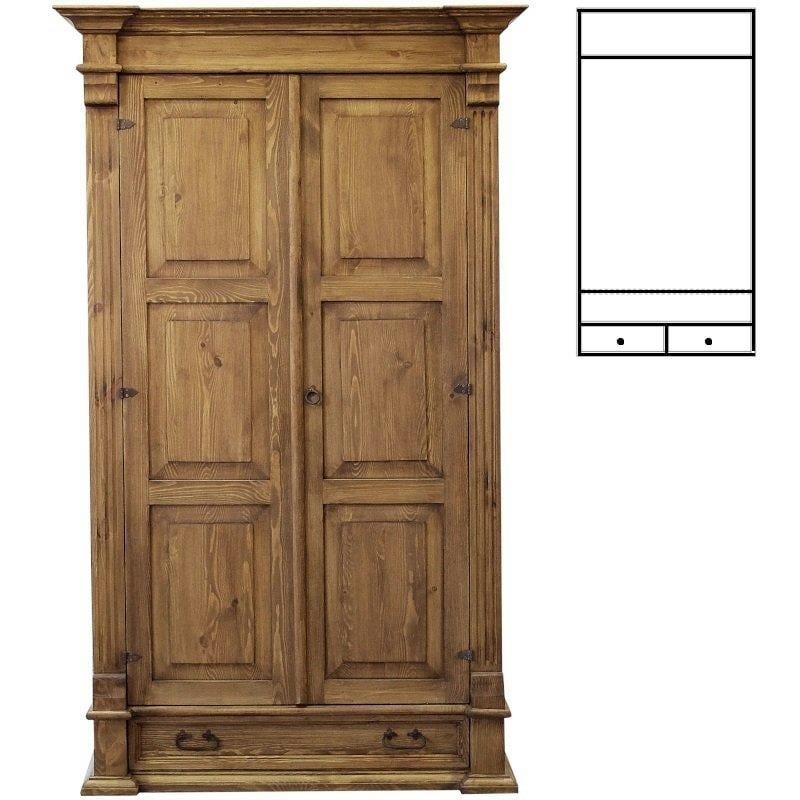 Rustykalna, dwudrzwiowa szafa z litego drewna sosnowego, z widocznymi sękami i usłojeniem, z dwiema szufladami na dole i schematycznym rysunkiem obok.