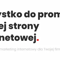 Tekst na białym tle z hasłem 'Wszystko do promocji Twojej strony internetowej.' i podtytułem 'Kompleksowy marketing internetowy dla Twojej firmy. W jednym miejscu.'