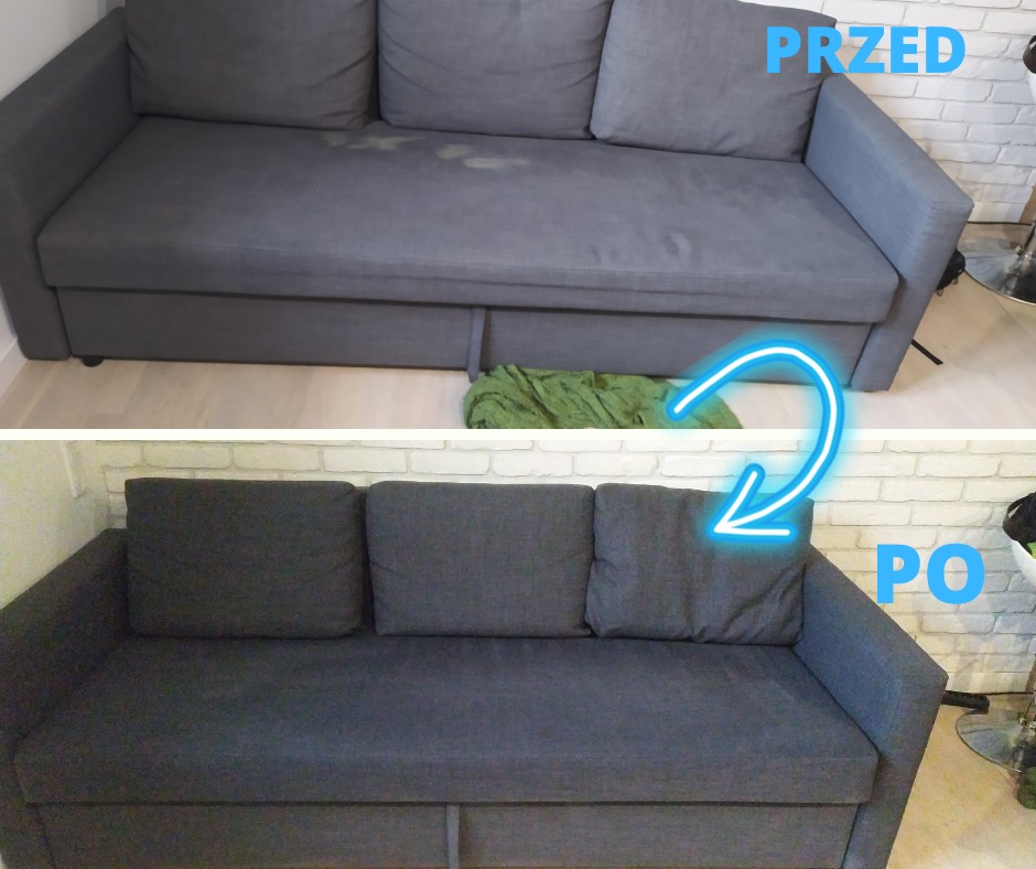 Szara kanapa przed i po czyszczeniu, widoczne plamy na górnym zdjęciu i czysta powierzchnia na dolnym, z białym tłem z cegieł.
