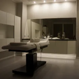 Nowoczesny gabinet z leżanką do zabiegów, ręcznikiem i zagłówkiem, odbicie w lustrze ukazuje detale wyposażenia i sylwetkę osoby w tle.