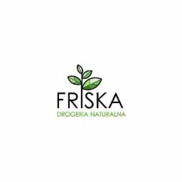 Logo firmy 'FRISKA Drogeria Naturalna' z minimalistycznym symbolem zielonej gałązki z listkami nad nazwą.