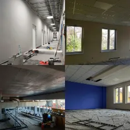 Czteropanelowe zdjęcie przedstawiające remontowane wnętrza: długi korytarz z surowym sufitem, pomalowane pokoje z oknami, betonowy sufit z instalacjami oraz pokój z jedną niebieską ścianą i folią...