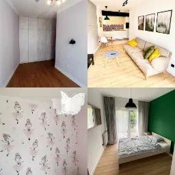 Kolaż czterech ujęć: puste pomieszczenie z drewnianą podłogą i szafą wnękową, salon z sofą i aneksem kuchennym, pokój dziecięcy z tapetą w baletnice i lampą w kształcie motyla, sypialnia z zieloną...