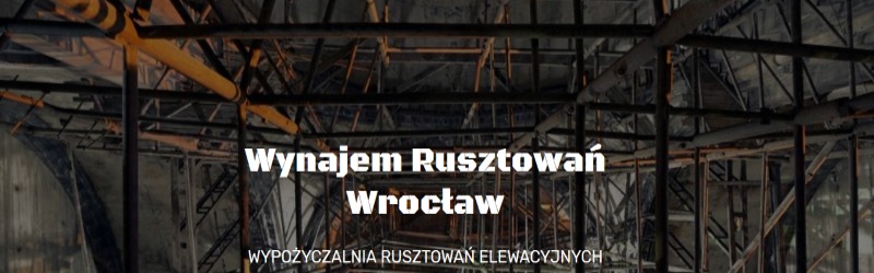 Metalowa konstrukcja rusztowań w hali, widok z dołu, z tekstem reklamowym nałożonym na obraz.