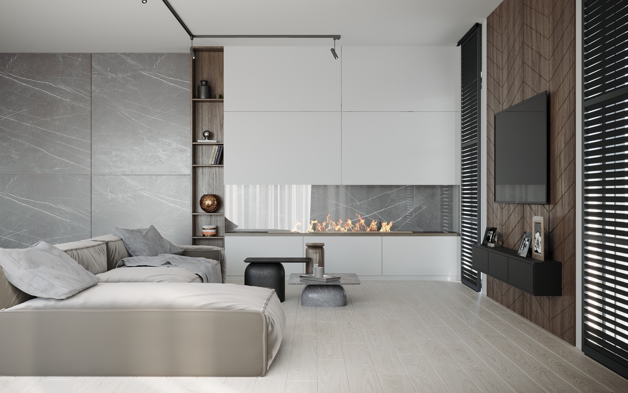 Nowoczesny salon z szarą sofą modułową, biokominkiem w zabudowie meblowej, drewnianą ścianą z telewizorem i dekoracjami oraz jasną podłogą.