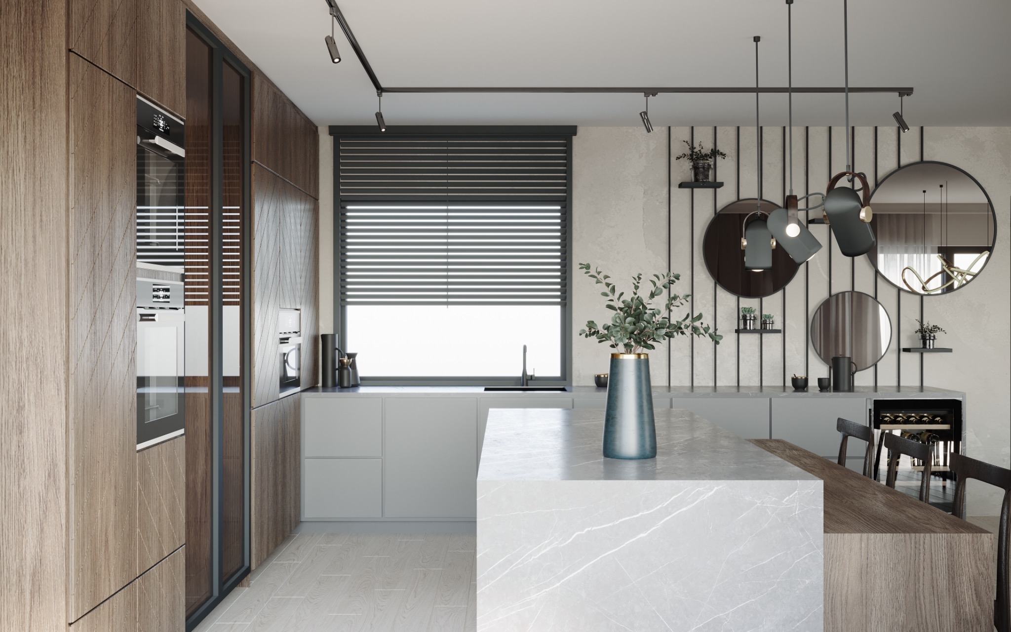 Nowoczesna kuchnia z drewnianymi szafkami, szarymi blatami i wyspą, oświetleniem szynowym, dekoracyjnymi lustrami i roślinami w wazonie.