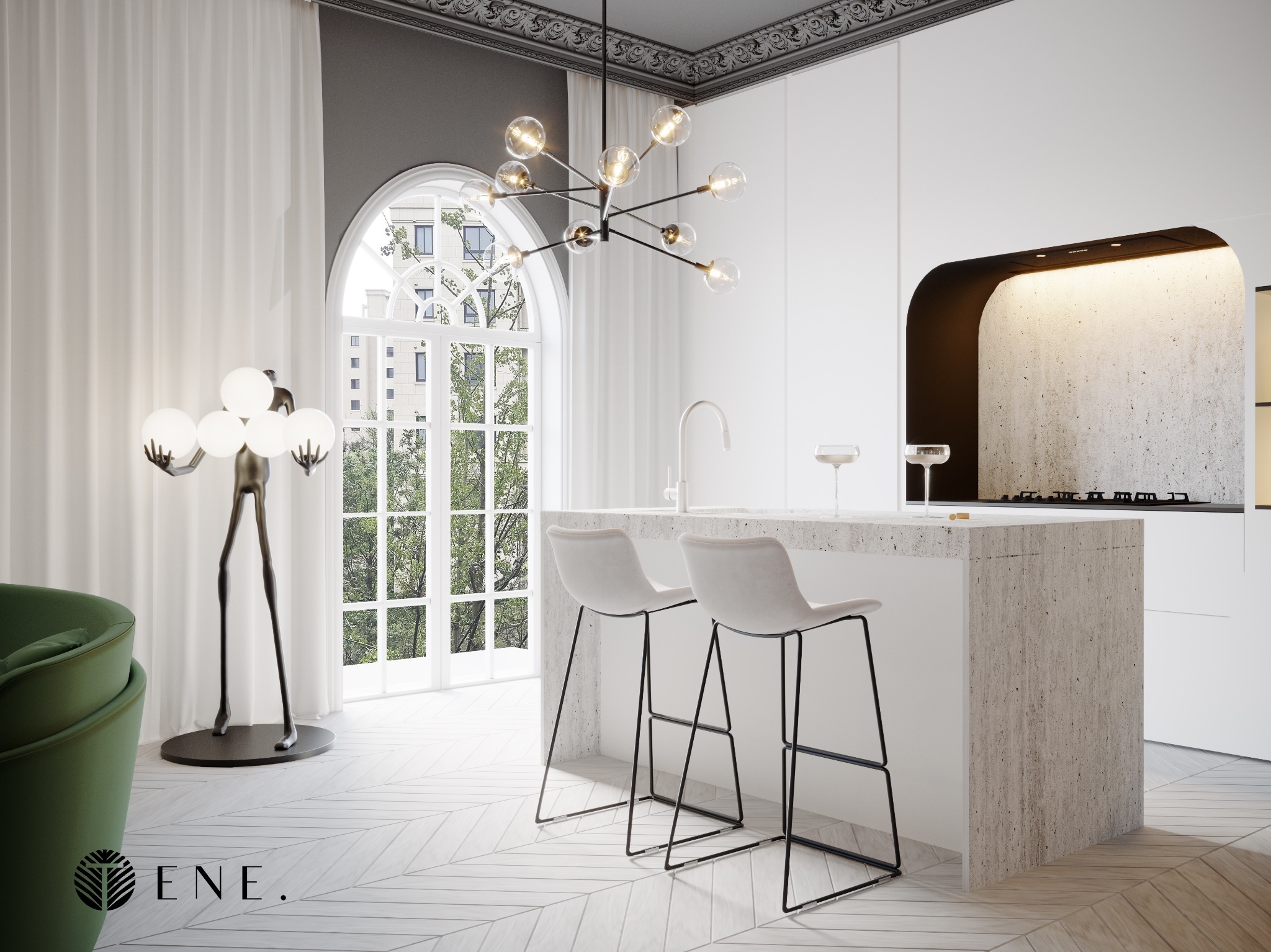 Jasne, nowoczesne wnętrze kuchni z wyspą, dwoma hokerami, lampą w kształcie rzeźby trzymającej kule, oknem łukowym z widokiem na zieleń i parkietem ułożonym w jodełkę.