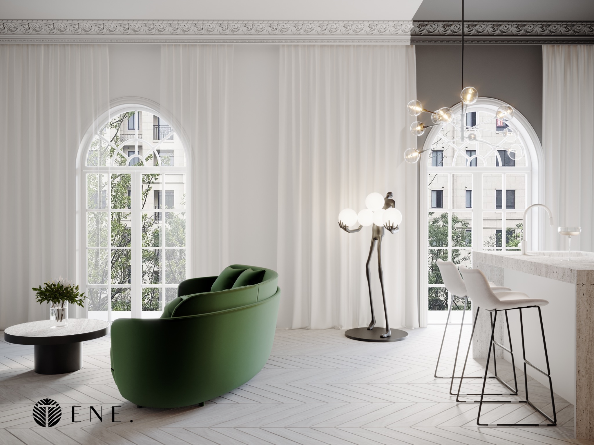 Wizualizacja przestronnego salonu z zieloną sofą, marmurowym stolikiem kawowym, wysokimi oknami łukowymi z białymi zasłonami i nowoczesnym oświetleniem.